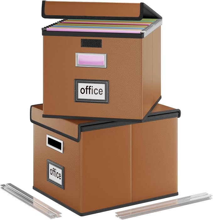 File Organizer Box with Lids, Collapsible File Folder Organizer | File Box with Plastic Slides for Document, Filing Bin for Letter Size Hanging File Folders (2 Pack, Caramel, Leather)