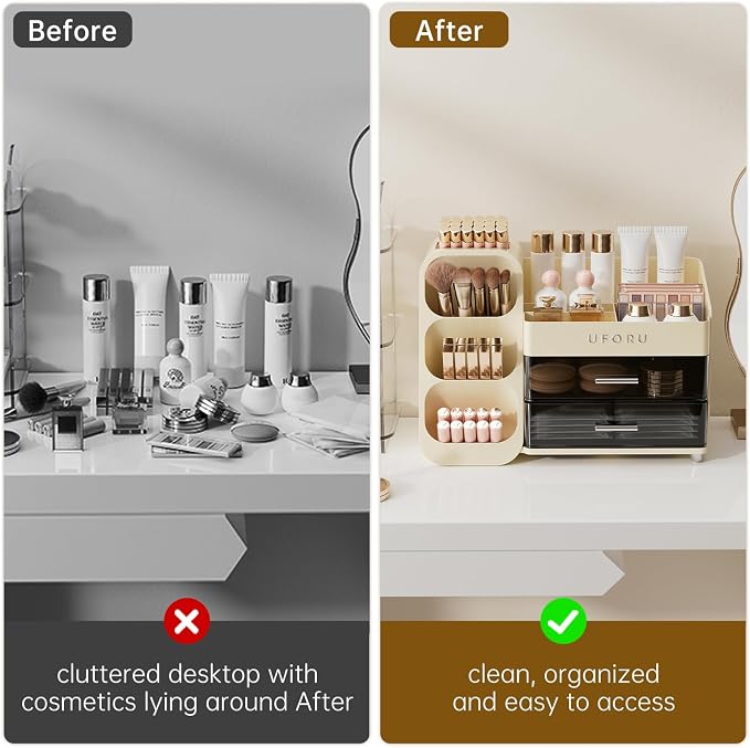 UFORU Makeup Organizer Countertop with Brush Holder for Vanity Bathroom | Large Capacity, Thickened Plastic, 2 Clear Drawers, Compact Size, Detachable Brush Holder, Divided Compartments, Easy Access