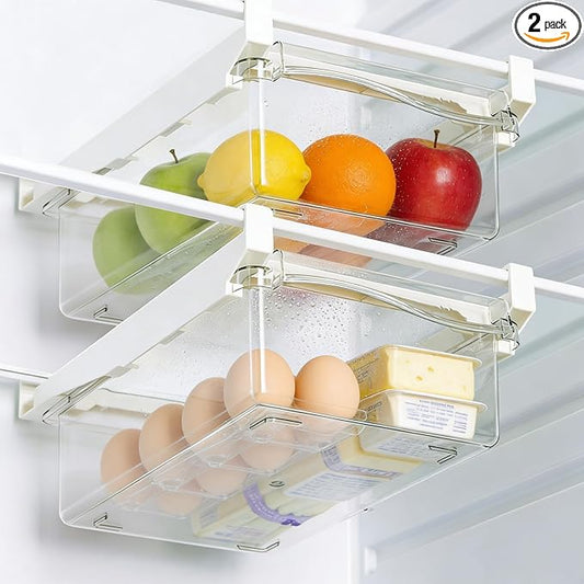 URALFA Fridge Drawer Organizer 2 Pack, Fridge Organizers and Storage | Deli Drawer for Refrigerator, Pull Out Fridge Under Shelf Drawer, Refrigerator Storage Containers for Fruit, Egg, Yogurt