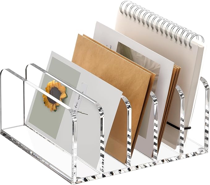 SANRUI 5 Slot Acrylic Mail Sorter Holder, Clear Letter File Desk Organizer | Document Magazine Envelope File Rack, Vertical Letter Sorter & Multifunction Desk Organizer for Bills, Documents, Notebooks