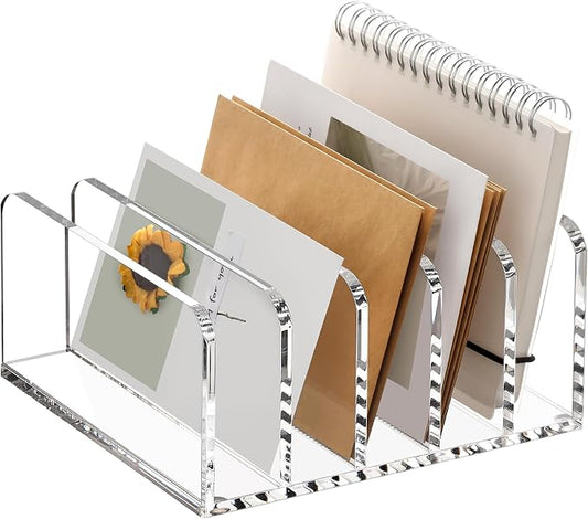 SANRUI 5 Slot Acrylic Mail Sorter Holder, Clear Letter File Desk Organizer | Document Magazine Envelope File Rack, Vertical Letter Sorter & Multifunction Desk Organizer for Bills, Documents, Notebooks