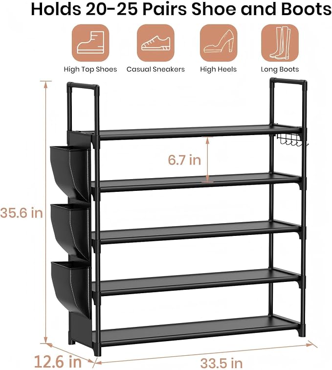 VILICK 5 Tier Shoe Rack with Hook and Side Pocket,Shoe Organizer Space Saver Storage for 20-25 Pair Shoe Storage Shelf Sturdy Free Standing Long Shoe Rack Organizer for Closet,Entryway,Small Spaces