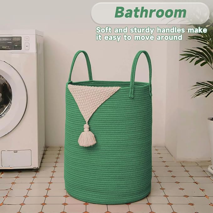 JMvicyroam 100L Cotton Rope Laundry Basket Hamper, Dark Green | Collapsible laundry basket, reinforced handles, freestanding, machine washable, holds 3-5 thick blankets, clothes or toys
