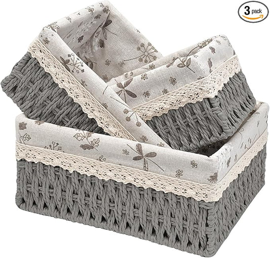 Wicker Storage Baskets Set of 3, Handwoven Paper Rope Organizer Bins with Removable Floral Liner, Small Medium Large for Bathroom, Pantry, Shelf, Countertop, Closet (Gray, L+M+S)