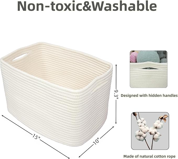XUANGUO Woven Cotton Rope Storage Baskets 15x10x9.3" 3 Pack White | Decorative rectangular storage baskets for shelves and closets; storage bins organize clothes, toys, books and nursery items.