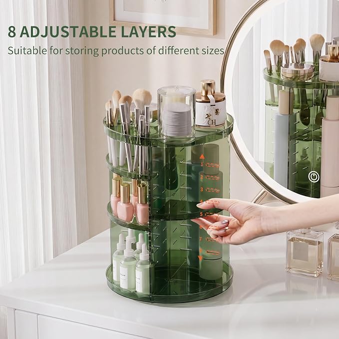 Rotating Makeup Organizer, DIY 8 Adjustable Layers Spinning Skincare Storage, Cosmetic Display Case with Brush Holder and Perfume Tray, Multi-Function Vanity Bathroom Countertop Organizer Clear Green