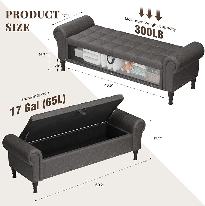 YOUDENOVA Ottoman with Storage, 60" End of Bed Bench with Rolled Arms, Upholstered Storage Bench with Vintage Rivets for Bedroom, Living Room, Entryway, Gray
