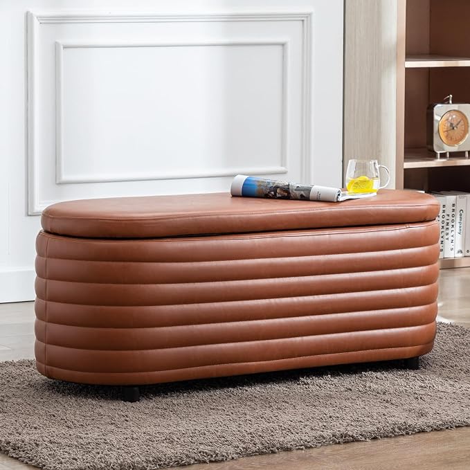 Storage Ottoman Bench Upholstered PU Leather End of Bed Stool with Safety Hinge for Bedroom, Living Room, Entryway (45.5-inch, Brown)