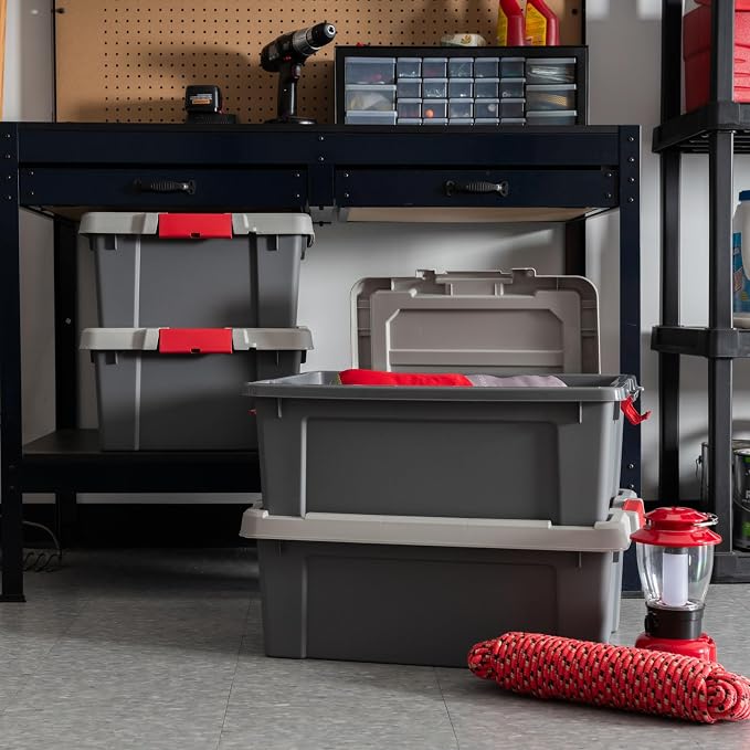 IRIS USA 4-Pack 12 Gal Heavy Duty Lockable Storage Totes with lids, Gray | Ideal for household supplies, seasonal décor and camping gear, Secure latches help keep contents protected