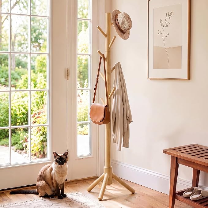 AMADA Solid Wooden Coat Rack Freestanding with 8 Hooks, Natural | 100% solid wood, 3 height options, widened base for stability, tool-free assembly, smooth rods & hooks prevent clothing snags