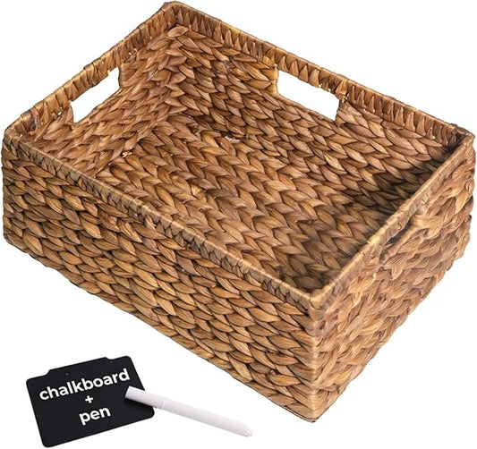 KOKODO Pack 1 COLORED Large Rectangular Water Hyacinth Wicker Storage Basket with Handles and Built-in Metal Frame with Chalkboard, Handwoven Perfect for Space-Saving Shelves and Room Organizing