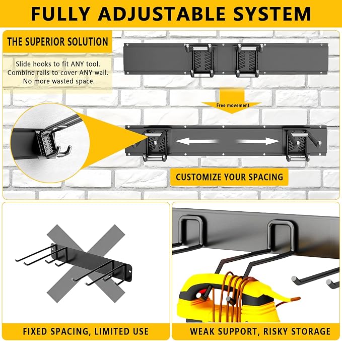Garage Tool Organizer Wall Mount, 48inch Heavy-Duty Garage Storage System and Garden Tool Organizer with 7 Adjustable Hooks for Shovel, Snowboard, Yard Tools and Shed