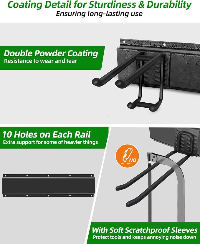 PIYILO 64 in Garage Tool Organizer Wall Mount, Adjustable Tool Storage Rack | Heavy-duty 510 LBS, 10 Hooks in 4 Types, Wear & Tear Resistant, Soft Anti-Scratch Hook Sleeves, For Yard Tools, Shovels, Shed