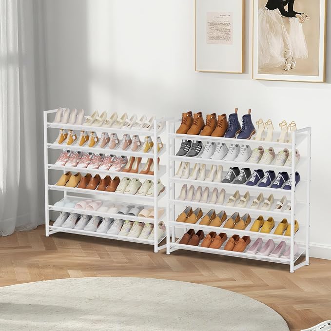 Large Shoe Rack 12 Tier Shoe Organizer, Heavy Duty Metal 6-Tier Stackable Shoe Storage Vertical Shoe Rack for Closet Front Door Entrance, Up to 75 Pairs, 44.8" W x 11.4" D x 85.1" H, White