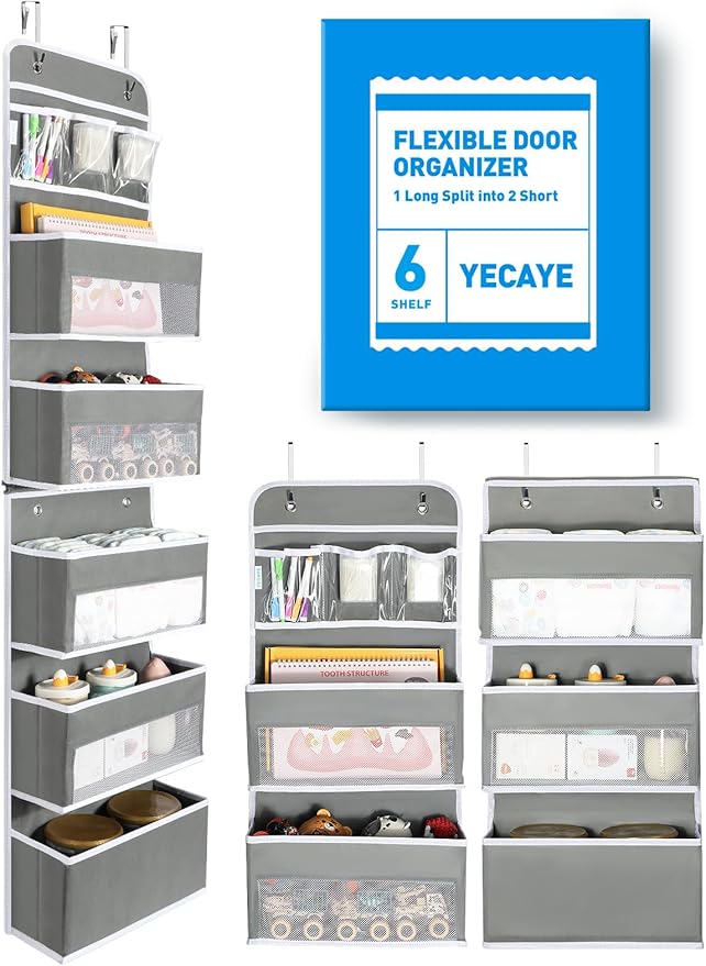 Yecaye Over the Door Storage Organizer for Nursery Closet 6 Tier Grey | 2 in 1 Swing-proof Hanging Bathroom Storage Organization, Bedroom Organizer and Storage for Newborn Baby Essentials