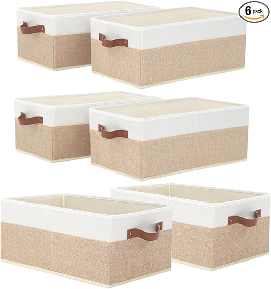 6 Pack Fabric Storage Bins, Large Storage Baskets for Shelves | Foldable Closet Organizer Storage Boxes with Leather Handles for Clothes, Sheets, Jeans, Toys, Books (Beige and White)