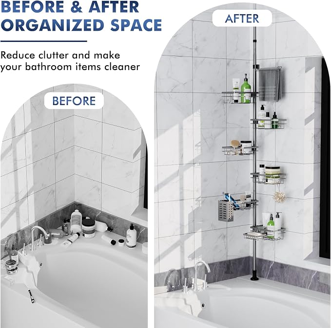 Corner Shower Caddy Tension Pole,Bathroom Shelf for Inside Shower Organizer | Adjustable 30-120’’ Storage, 6-Tier Shower Shelves, Rustproof Shower Rack with Towel Bar, Soap Dish & Toothbrush Holder