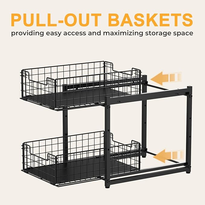 Under Sink Organizer, 2-Tier Pull Out Cabinet Organizer, Kitchen Bathroom Organizer and Storage, Spice Rack for Kitchen, Multi-use Sliding Drawers Shelves, Pack of 2