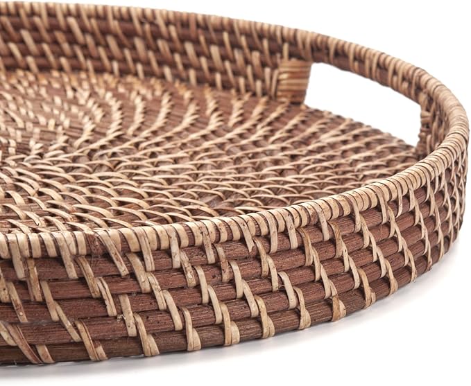 Round Rattan Woven Serving Tray with Handles Ottoman Tray for Breakfast, Drinks, Snacks for Coffee Table, Home Decorative (Honey Brown, 13.8"x2")