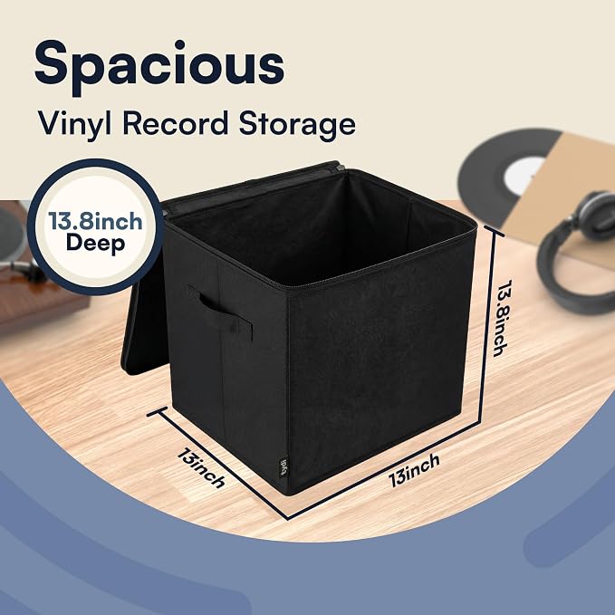 Vinyl Record Storage Box with Zip Closure – Holds Up to 90 12 Inch Vinyl Records – Collapsible Crate, LP Storage Boxes, Records Box – Stackable Record Case, Black, 4 Pack