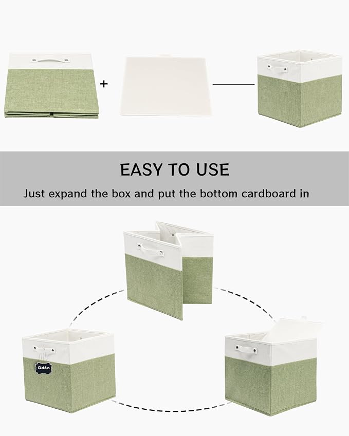 FinishingBo 13 inch Cube Storage Bins with Handles 6 Pack | Foldable Linen Storage Baskets, Closet Organizers, Shelf Baskets, White Green