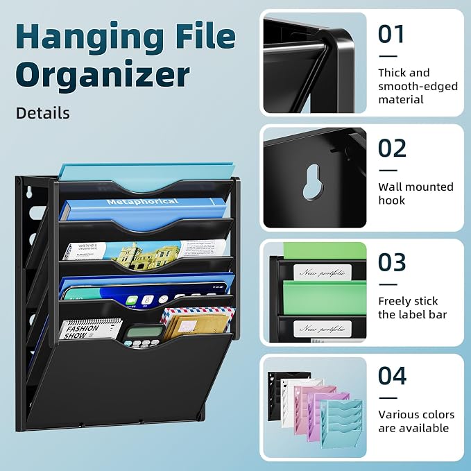 Marbrasse 5 Tier Wall File Organizer, Plastic Hanging File Holder for Mail, Magazines Paper Organizer Wall Mounted for Office Home (Black)