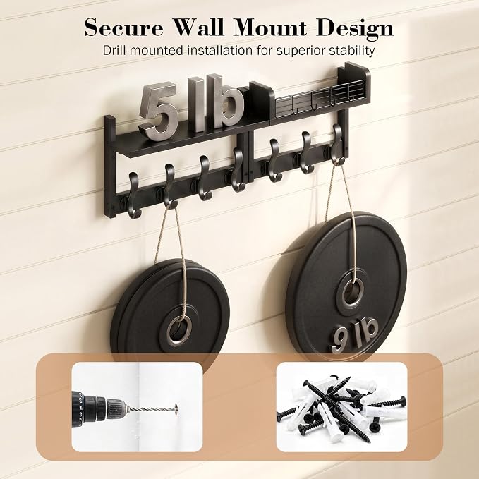 Delamu 29" Wall Mounted Coat Rack with Shelf, 4 in 1 Wall Shelf with 11 Hooks, Entryway Coat Hanger Wall Mount for Living Room and Bedroom, Black