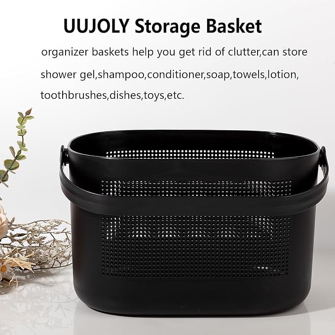 Plastic Portable Shower Caddy Basket, Storage Organizer with Handle, Black | Bottom Drain Holes, Keep Dry, Sturdy and Durable, Easy to Carry for Bathroom, Kitchen, Dorm Room, RV, College
