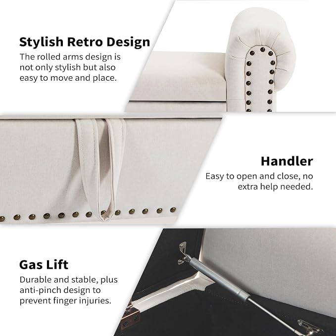 60" Corduroy Storage Bench, Queen End of Bed, White | Corduroy Upholstered, Bedroom/Entryway/Closet, Storage Ottoman Bench, Window Seat, Lift-Top, Tufted Button, Solid Wood Legs.