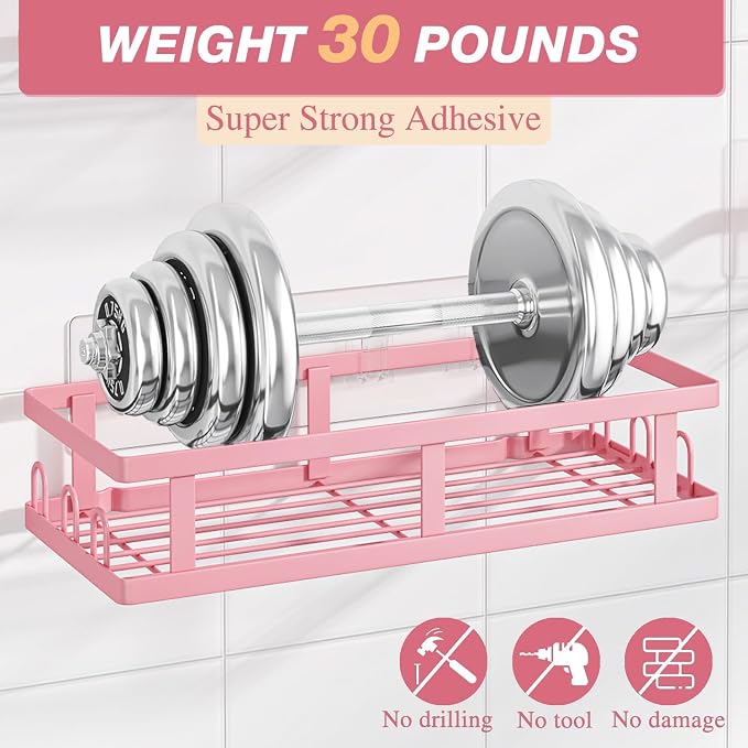 Youvip Shower Caddy Adhesive,No Drill Bathroom Organizer,Large Capacity Rustproof Shelves for Inside Shower,Bathroom Organizers and Storage,Pink