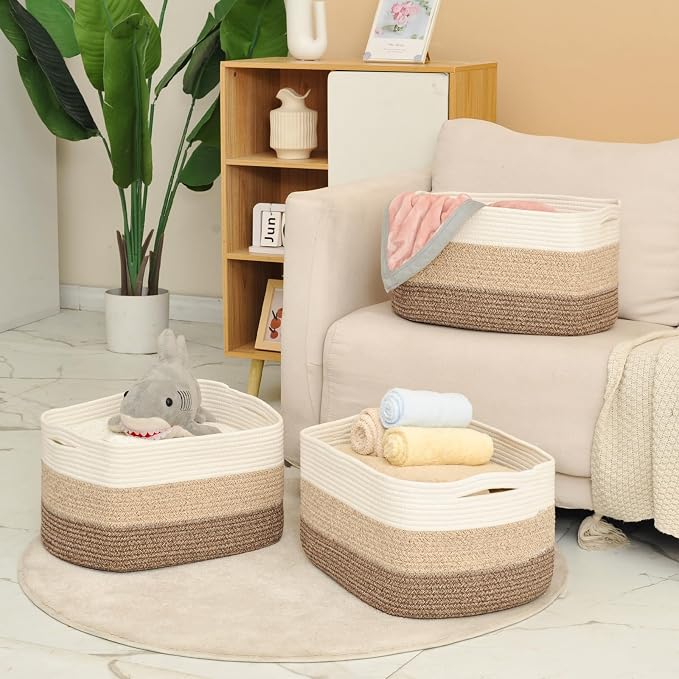 ICERZCZ Large Storage Baskets for Organizing Shelves, Woven Cotton Rope Bins for Baby Nursery Organization, Book Toy Towel Organizer, 17"x13"x9.5", 3 Packs, Gradient Brown