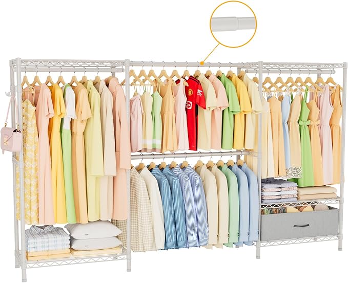 Golpart Heavy Duty Clothing Rack with Adjustable Shelves Clothes Wardrobe | Coat Rack Metal Closet Organizer and Storage Garment Rack for Hanging Clothes Wire Portable Cloth System Free Standing White