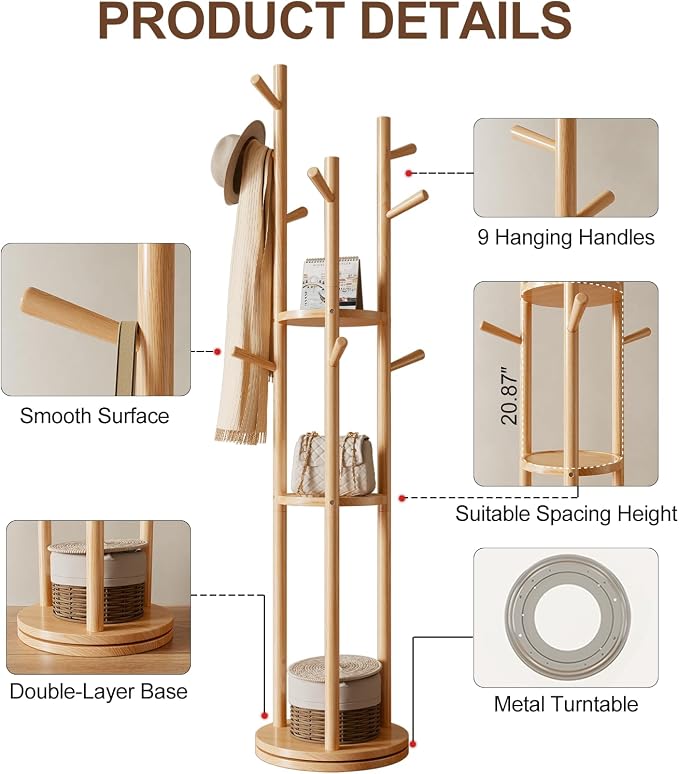 Muwuele Solid Wood Rotary Coat Rack, Freestanding Coat Rack with 3 Shelves and 9 Hooks, Coat tree for Bedroom, Entryway, Livingroom, Coat Hanger Stand for Coats, Scarves, Handbags (Natural)