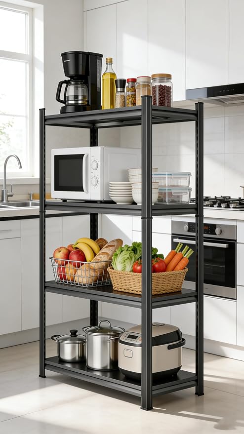 36''W Storage Shelves Heavy Duty, Adjustable 4Tier Industrial Shelving Unit, Metal Utility Shelf for Basement, Kitchen, Garage, Badroom, Warehouse and Workshop (54''Hx16''Wx12''D, Black)