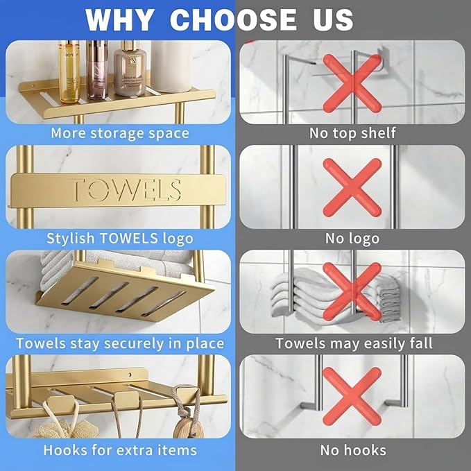 2-Tier Wall-Mounted Towel Rack with Hooks & Shelf, Black Metal Towel Holder for Small Bathrooms (Gold)