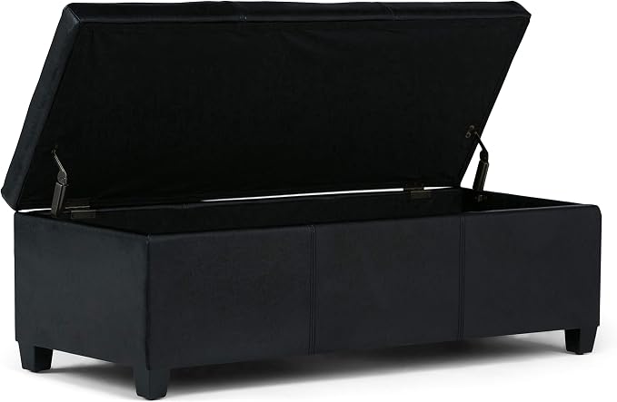 SIMPLIHOME Avalon Storage Ottoman Bench - 48" Wide x 16" High Upholstered Vegan Leather Rectangular Lift-Top Ottoman in Midnight Black, Contemporary Bench for Living Room with High-Density Foam
