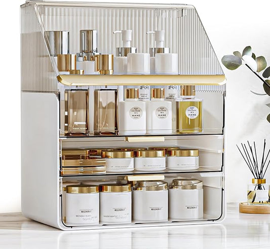 Makeup Organizer Countertop with Drawers & Lid, Skincare Organizer for Vanity, Large Cosmetic Organizer & Display Cases and Storage for Bathroom & Desktop. Perfect for Girl Women Mom Gifts