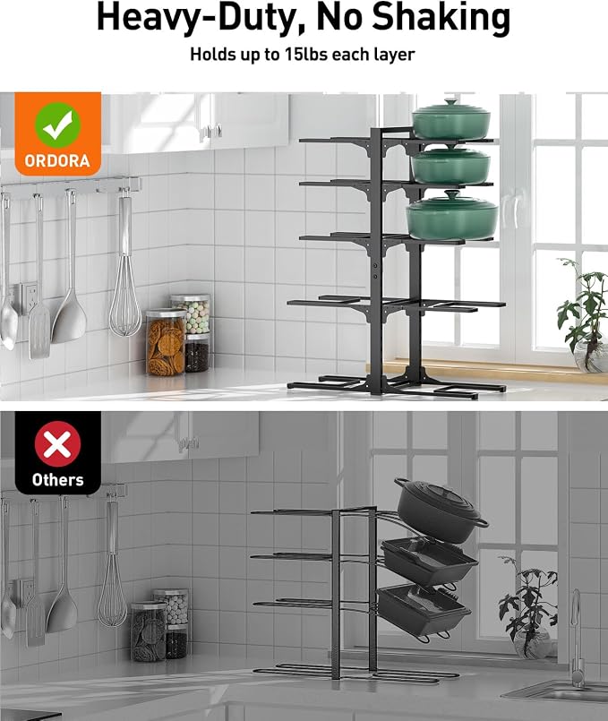 Pots and Pans Organizer Under Cabinet 23.6" 10-Tier Adjustable Black | 2 DIY Modes, Tool-Free Assembly, Max 150 Lbs, Fits Large Stockpots, Cast Iron Pans & Heavy Cookware, For Kitchen Cabinets