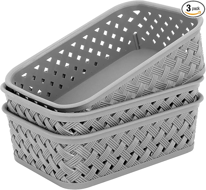 MaxGear 3 Pack Plastic Storage Baskets, Small, Grey | Durable Woven Plastic with Built-In Handles, Suitable for Shelves, Closets, Cabinets, Bathrooms and Offices