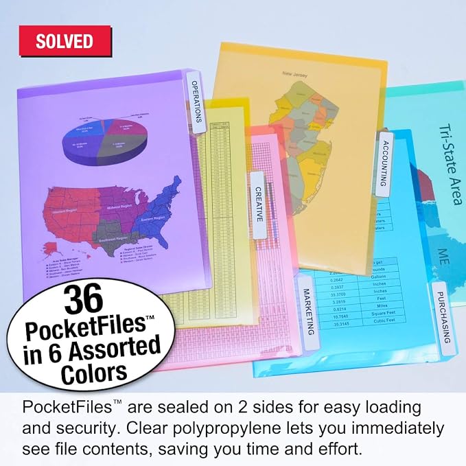 Ultimate Office PocketFile Clear Document Folders, 3rd-Cut, Set of 36 | Clear poly project pockets in 6 assorted colors; letter size; sort, color-code, and protect documents without punching