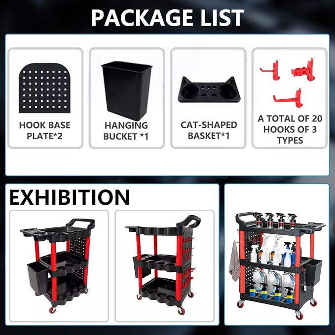 Auto Detailing Cart with Wheels, 3 Tier Rolling Detail Cart | With Long Hanging Plate, Hooks, Hanging Bucket and Cat Ear Basket, for Detailers Garage, Workshop, Repair Shop, Storage Tool