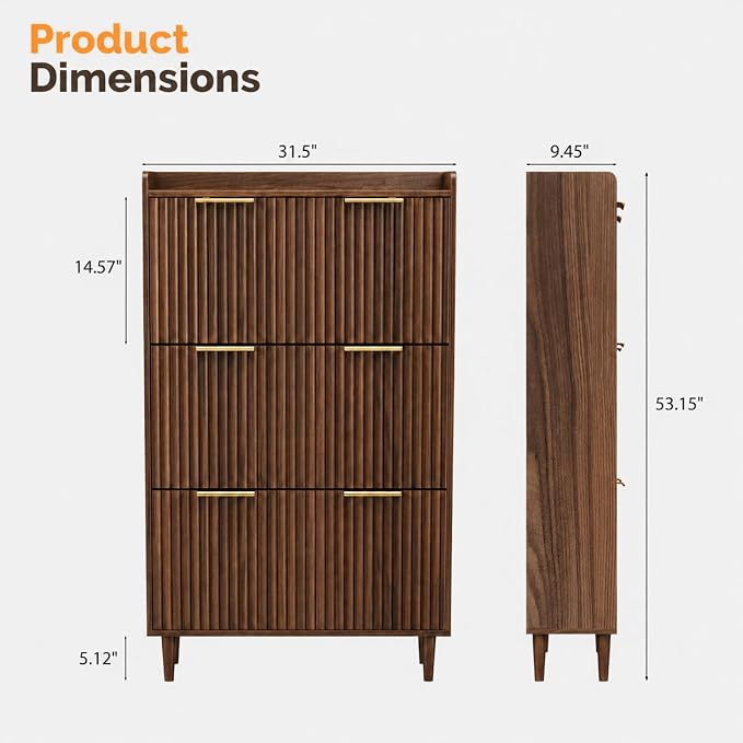 VINGLI Fluted Shoe Storage Cabinet for Entryway with 3 Flip Drawers, Narrow Shoe Organizer with Fluted Panel, Freestanding Wood Hidden Shoe Cabinet for Foyer, Hallway (Dark Walnut, 3 Flip Drawers)