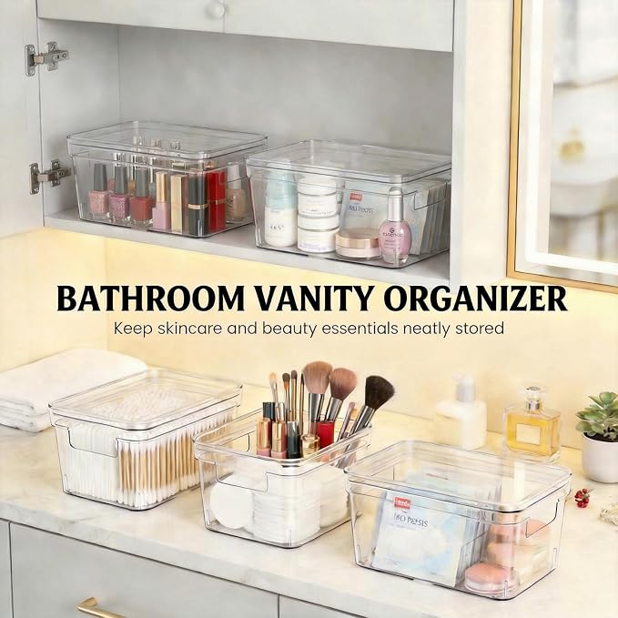 MOONEDGE 6-Pack 10x6x5 Stackable Small Clear Storage Bins with Lids | Plastic small item organizer containers with handles for vanity, craft, office, fridge, kitchen, pantry, bathroom and closet