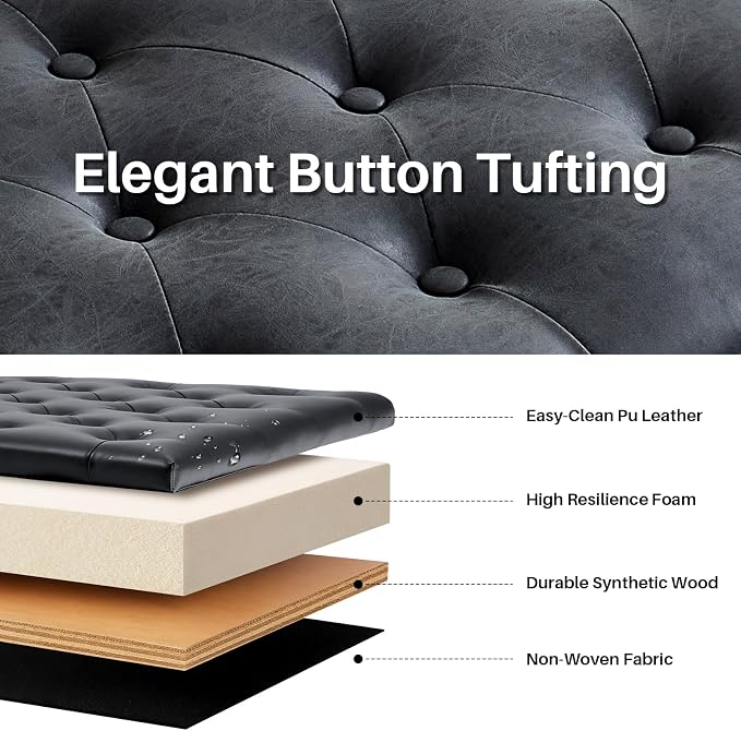 Storage Ottoman Bench, 64" Faux Leather End of Bed Bench, Black | Tufted Button Window Bench with Safety Hinge Hidden Storage Space Faux Leather Ottoman Bench for Bedroom Living Room Entryway