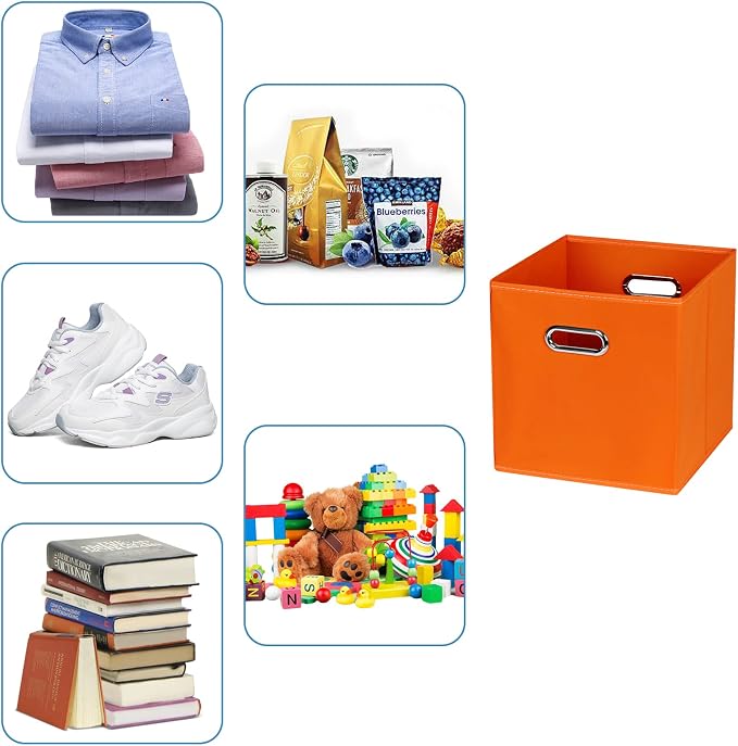 Black Fabric Cubby Storage Bins,13x13x13 Inches ,Cube Organizer Bin Foldable Storage Boxes with Dual Handles Fabric Organizer Box and collapsible Storage basket,Set of 6,Orange