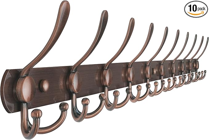 Dseap Coat Rack Wall Mount - 38” Long 10-Tri-Hooks Heavy Duty Coat Hanger Rail Wall Hooks for Hanging Coats Hats Clothing Clothes Purse Mudroom Entryway, Antique Copper