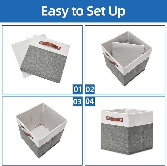 Temary Cube Storage Bins 4 Pack Storage Cubes 11?11 Fabric Storage Bins Foldable Cube Storage Baskets with Handles, Collapsible Storage Basket for Shelf (White & Grey, 11 x 11 x 11)