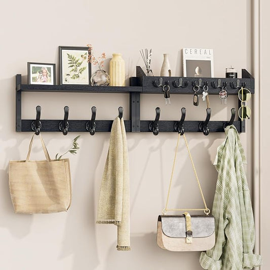 Evermagin 35" Coat Rack Wall Mount with Shelf for Entryway, Black | Wall Mounted Coat and Key Rack with Hooks, Key Holder with Mail Organizer for Wall, Living Room, Mudroom, Bedroom