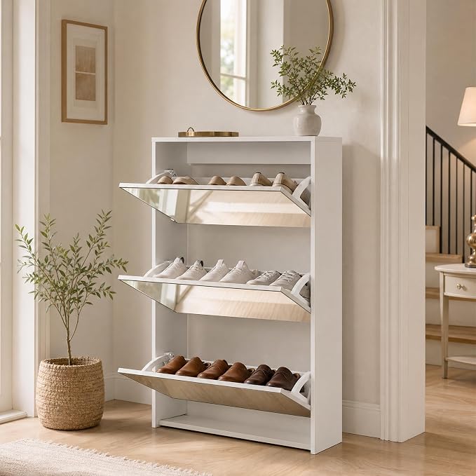 HOPUBUY Shoe Cabinet for Entryway, Narrow Shoe Storage with 3 Flip Drawers | Wood Slim Shoe Rack, 3 Tier Thin Shoe Organizer for Home and Apartment, Mirror