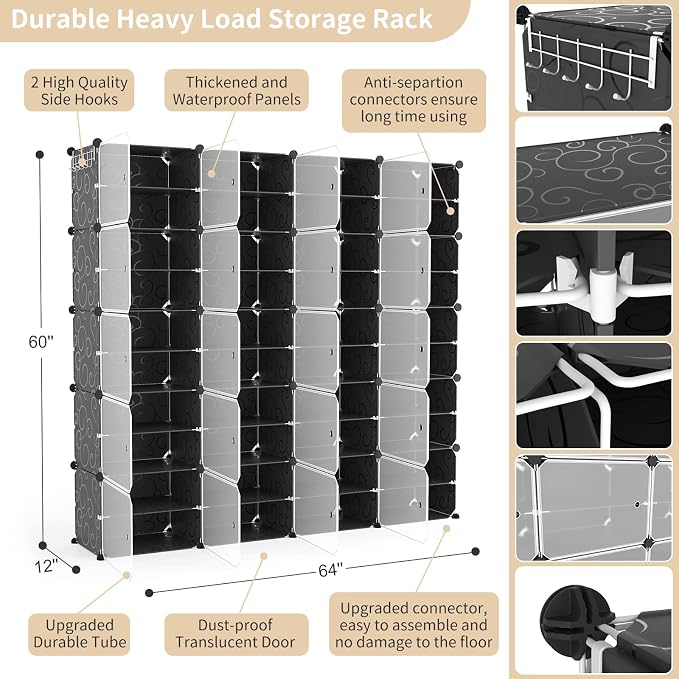 Portable Shoe Rack Organizer with Door, 80 Pairs Shoe Storage Cabinet Easy Assembly, Plastic Adjustable Shoe Storage Organizer Stackable Detachable Free Standing DIY Expandable 10 Tier Black